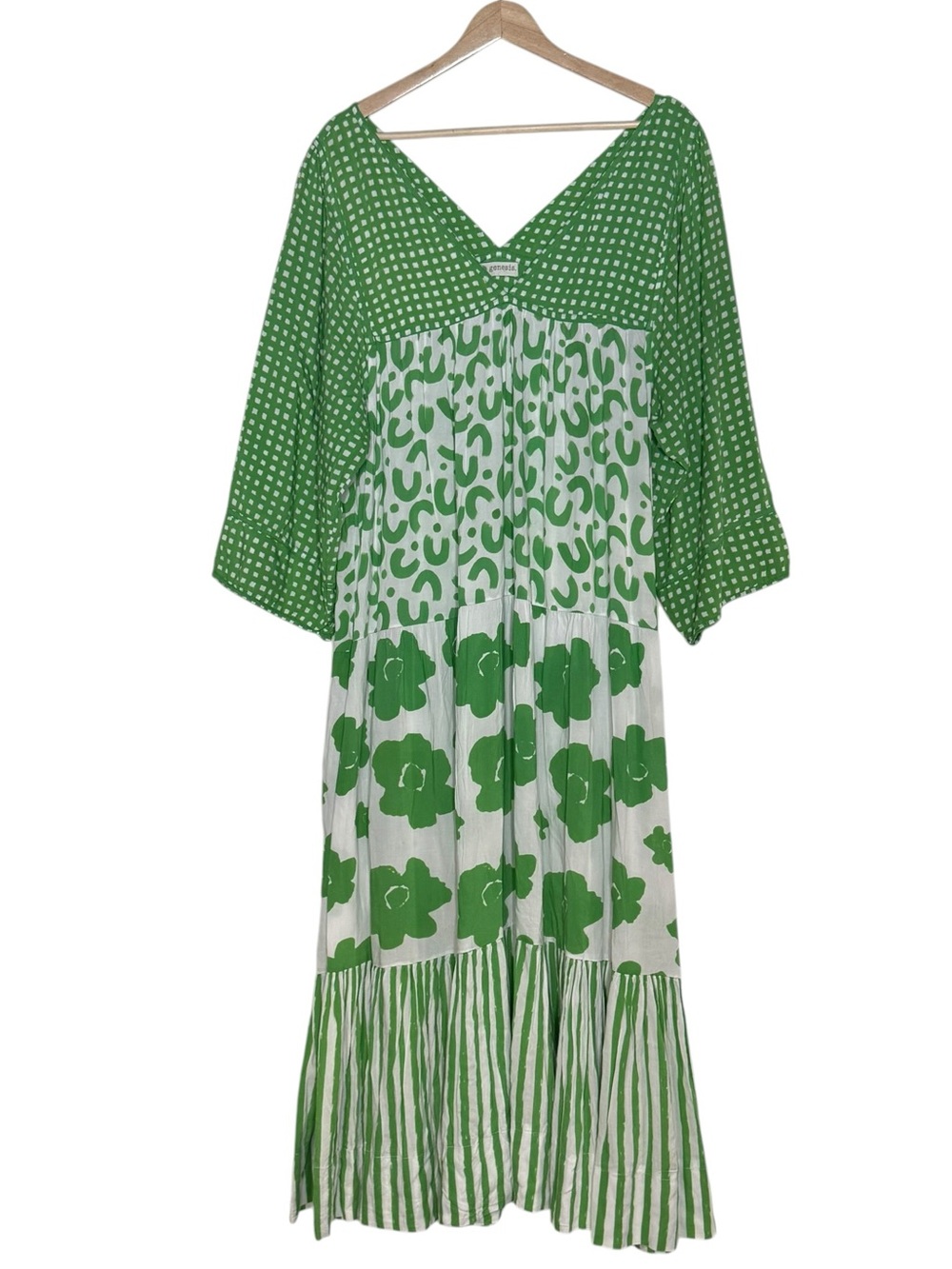 Genesis V Neck A Line Tiered Maxi Dress Green One Size Multiple Print Boho